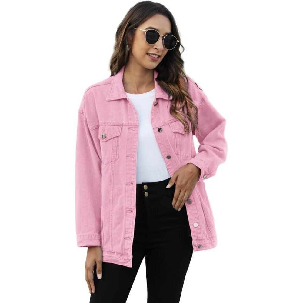 Women's Oversized Mid Long Denim Jacket Jean Biker Coat Long Sleeves Pink
